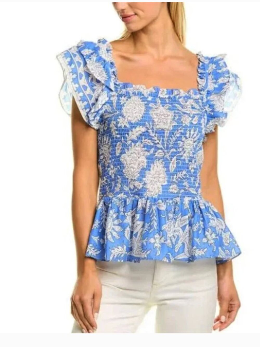 Jennifer & Grace Blue Floral Print Peplum Ruffle Sleeves Smock Blouse Top